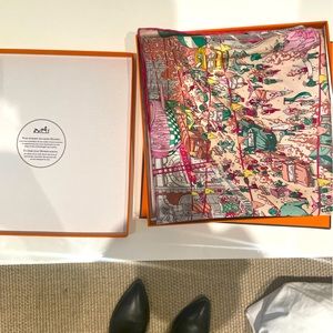 Hermes pink Paris scene silk scarf